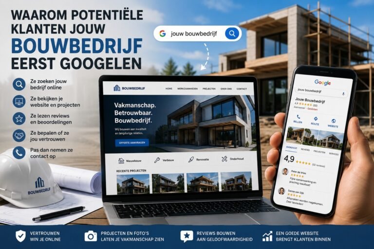 Visual over online vindbaarheid van een bouwbedrijf met de tekst “Waarom potentiële klanten jouw bouwbedrijf eerst googelen”. Te zien zijn een laptop met een bouwwebsite, een smartphone met Google-zoekresultaten en reviews (score 4,9), en op de achtergrond een moderne woning in aanbouw met steigers. Daarnaast iconen en bullets die uitleggen dat klanten online zoeken, websites bekijken, reviews lezen en daarna pas contact opnemen.