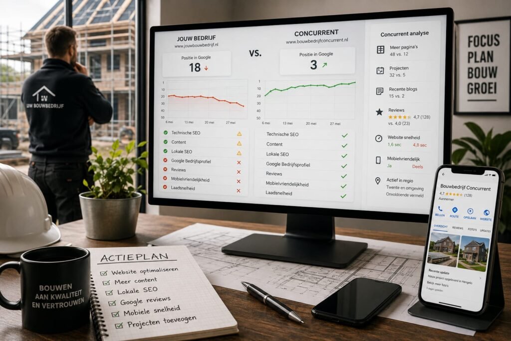 Bureau in een bouwkundige werkomgeving met een computerscherm waarop een SEO- en concurrentieanalyse van een bouwbedrijf wordt vergeleken met een concurrent. De dashboardweergave toont Google-posities, grafieken en factoren zoals technische SEO, content, reviews, mobielvriendelijkheid en laadsnelheid. Op het bureau liggen bouwtekeningen, een notitieblok met een actieplan voor websiteoptimalisatie, een veiligheidshelm, een mok en een smartphone met een bedrijfsprofiel in Google. Op de achtergrond is een bouwproject in aanbouw zichtbaar.