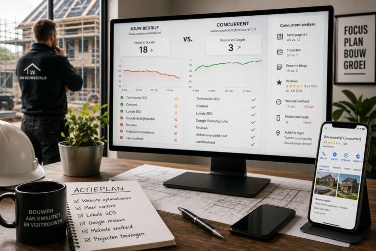 Bureau in een bouwkundige werkomgeving met een computerscherm waarop een SEO- en concurrentieanalyse van een bouwbedrijf wordt vergeleken met een concurrent. De dashboardweergave toont Google-posities, grafieken en factoren zoals technische SEO, content, reviews, mobielvriendelijkheid en laadsnelheid. Op het bureau liggen bouwtekeningen, een notitieblok met een actieplan voor websiteoptimalisatie, een veiligheidshelm, een mok en een smartphone met een bedrijfsprofiel in Google. Op de achtergrond is een bouwproject in aanbouw zichtbaar.
